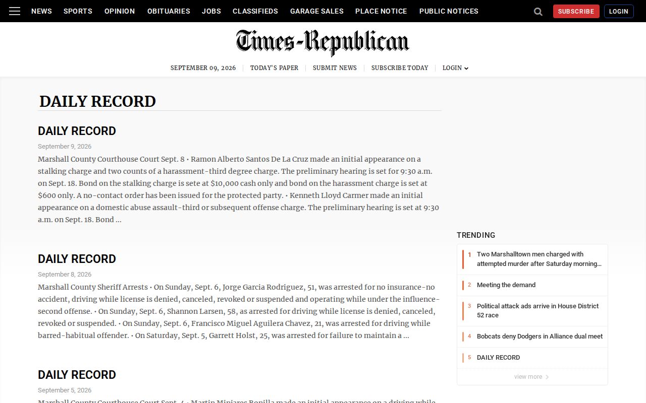 Marshall County newspaper reported arrests and court record page