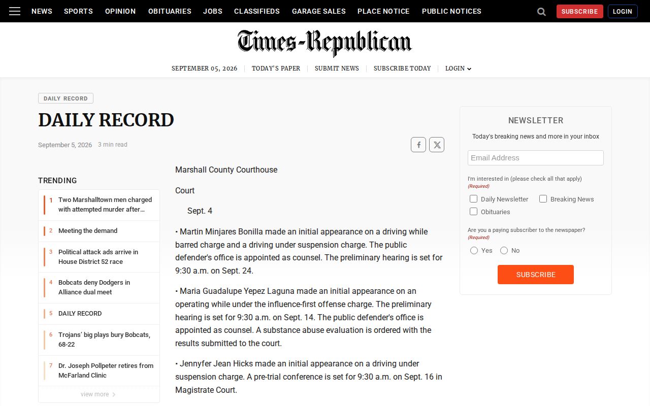 Times-Republican dated Daily Record issue for Marshall County