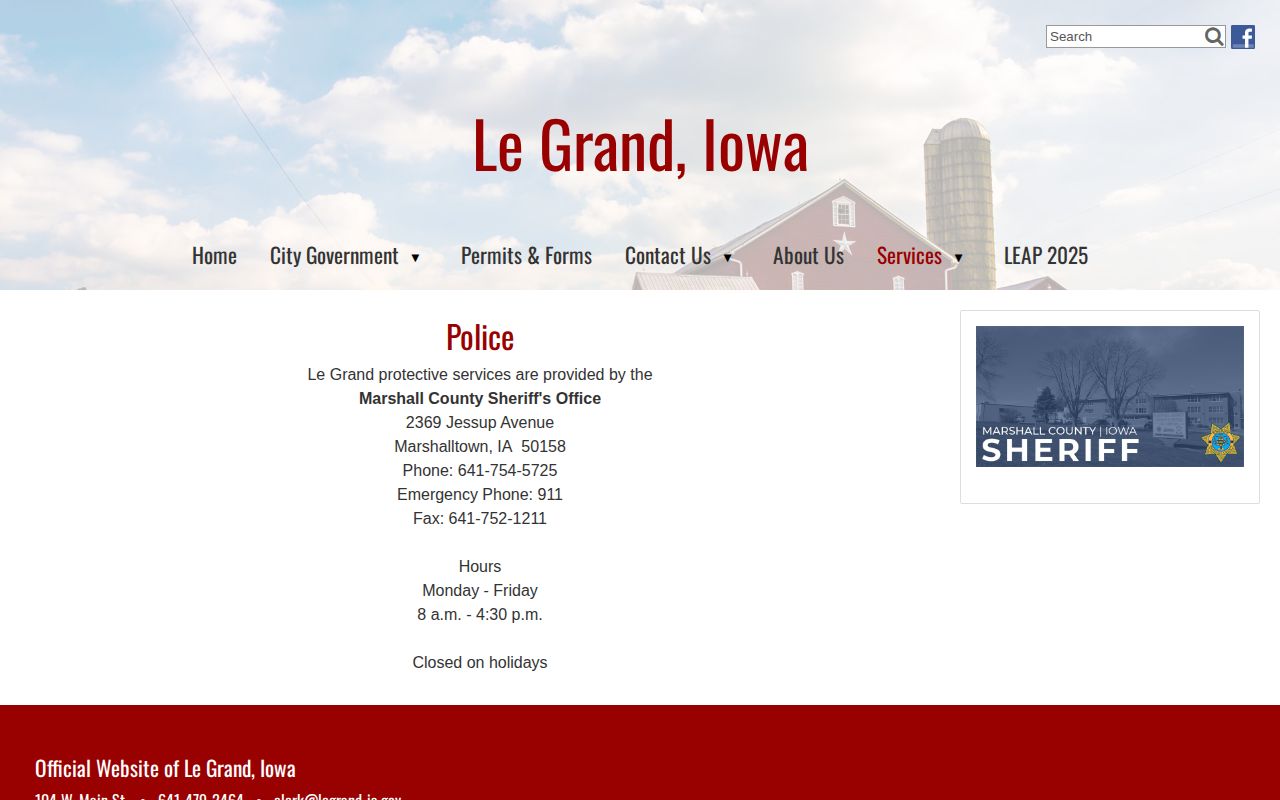 Official Le Grand protective services page listing Marshall County Sheriff service